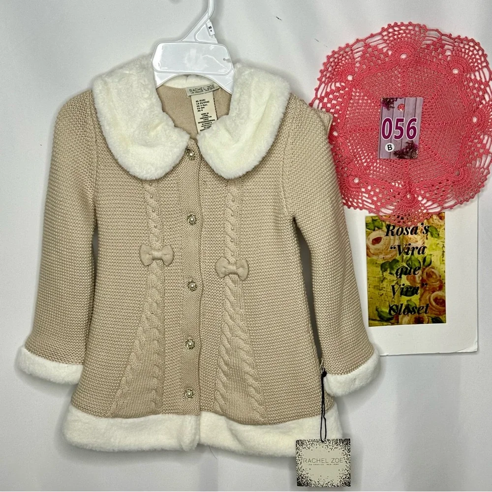 NWT Rachel Zoe Girls Button Down Sweater Coat with Embroidery/Bows and Hat - Picture 2 of 10